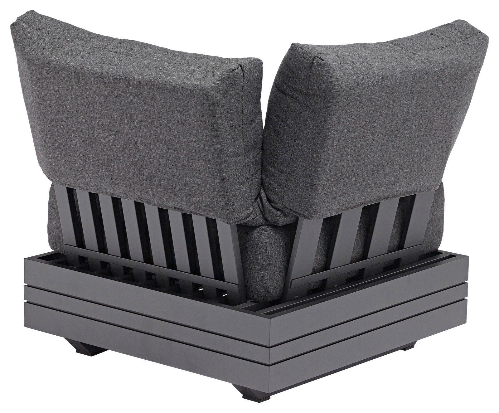 Rückansicht eines Lounge Eckelements mit grauen Kissen und modernem Design.