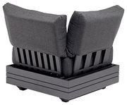 Rückansicht eines Lounge Eckelements mit grauen Kissen und modernem Design.