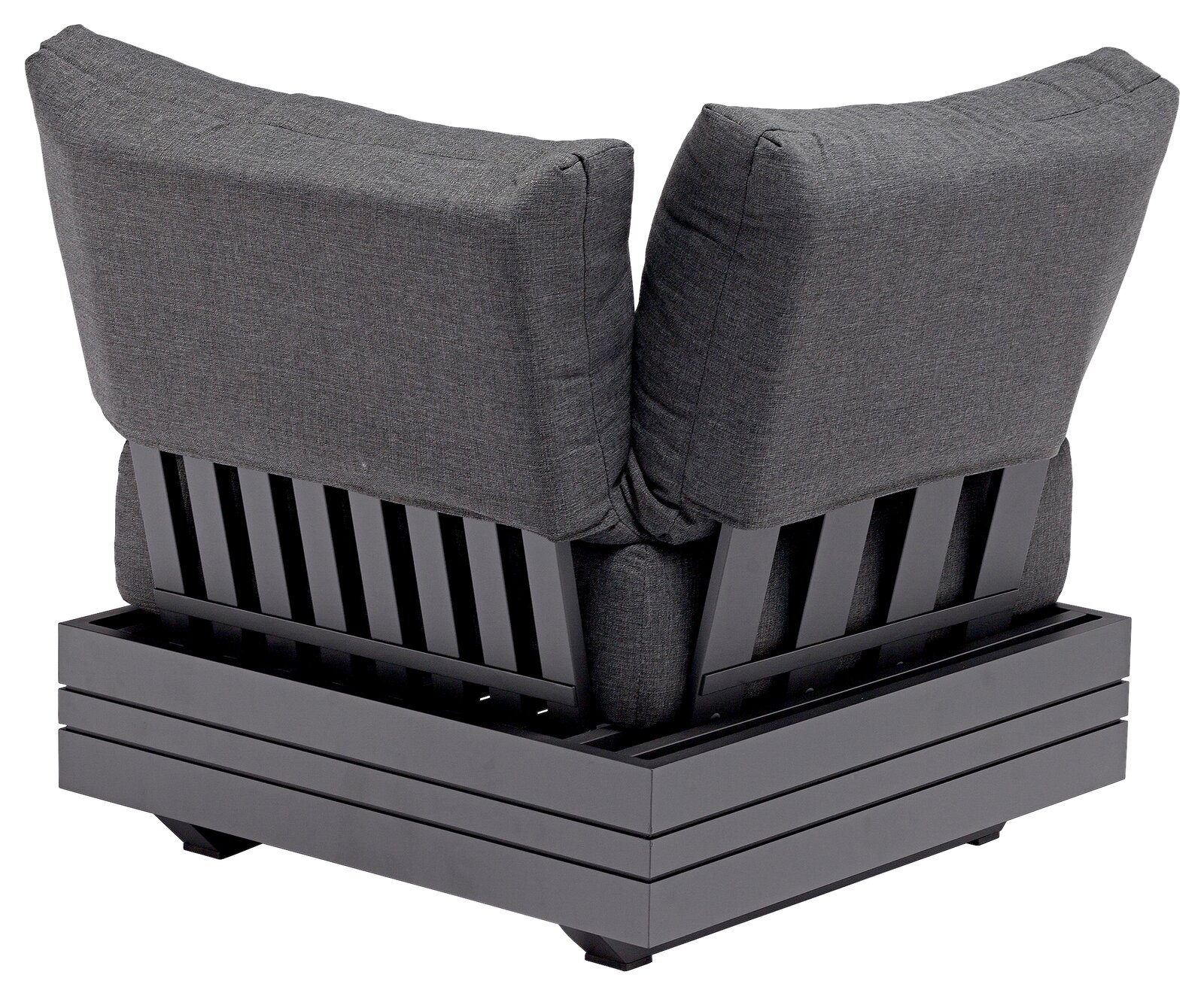 Rückansicht eines Lounge Eckelements mit grauen Kissen und modernem Design.