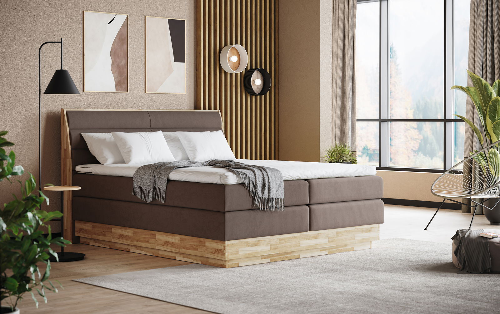 Modernes Boxspringbett in einem stilvollen Schlafzimmer, seitliche Perspektive mit großen Fenstern und eleganter Dekoration.