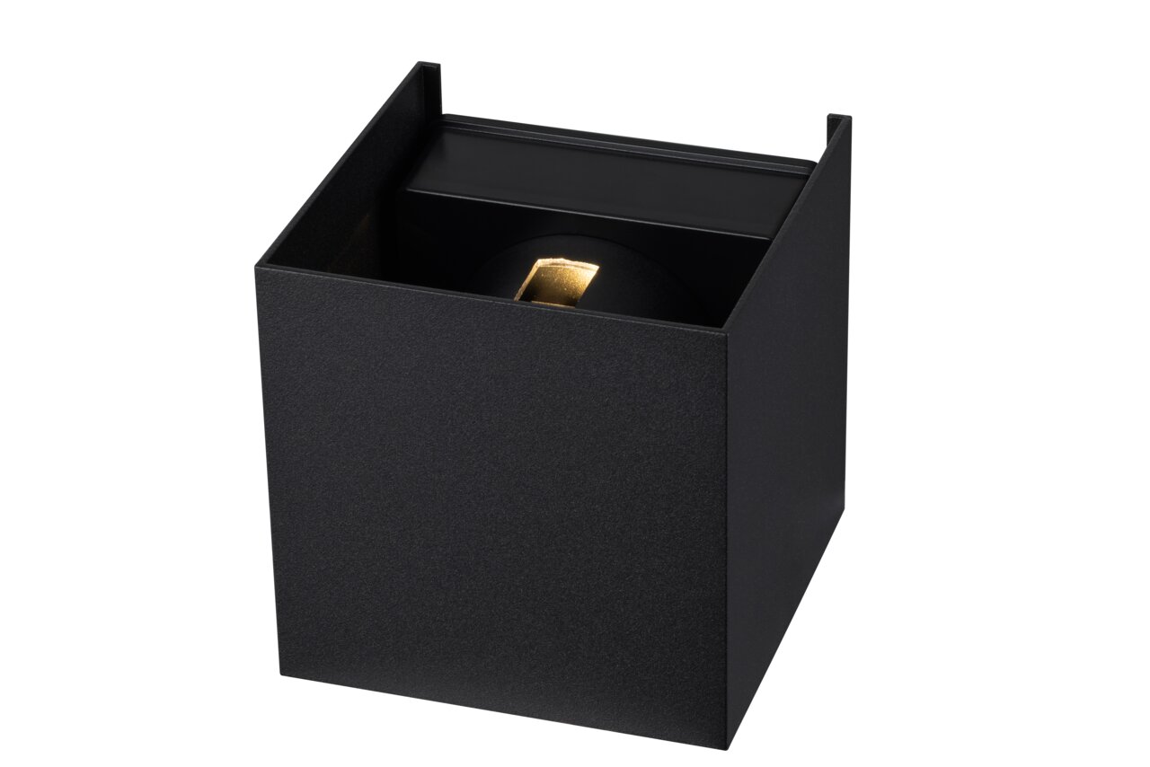 Schwarze LED-Wandleuchte in kubischer Form, seitliche Perspektive
