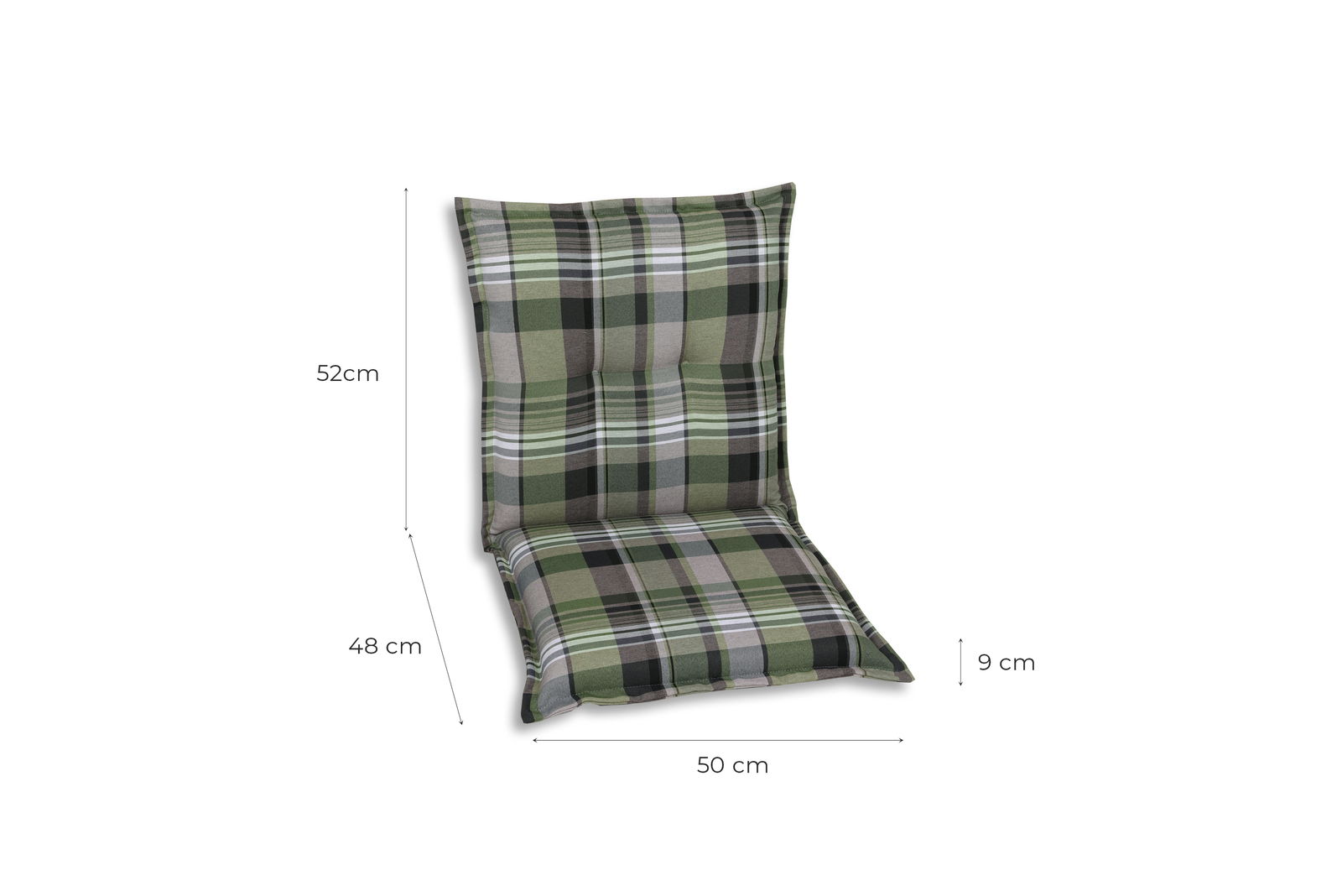 Grün karierte Sesselauflage in Seitenansicht mit den Maßen 52 cm Höhe, 48 cm Tiefe, 50 cm Breite und 9 cm Dicke.