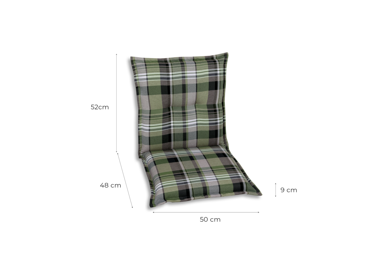 Grün karierte Sesselauflage in Seitenansicht mit den Maßen 52 cm Höhe, 48 cm Tiefe, 50 cm Breite und 9 cm Dicke.