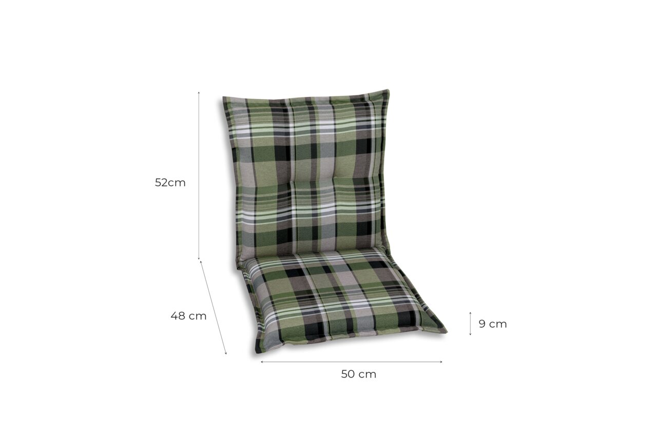 Grün karierte Sesselauflage in Seitenansicht mit den Maßen 52 cm Höhe, 48 cm Tiefe, 50 cm Breite und 9 cm Dicke.