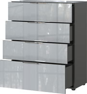 Moderne Schubkastenkommode mit vier geöffneten Schubladen, seitliche Perspektive