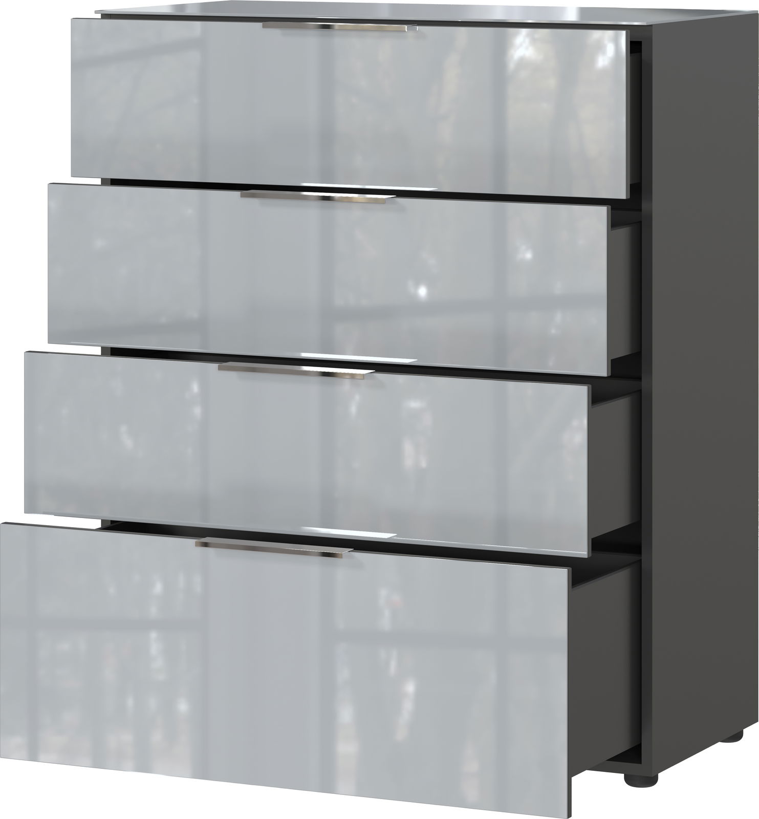 Moderne Schubkastenkommode mit vier geöffneten Schubladen, seitliche Perspektive