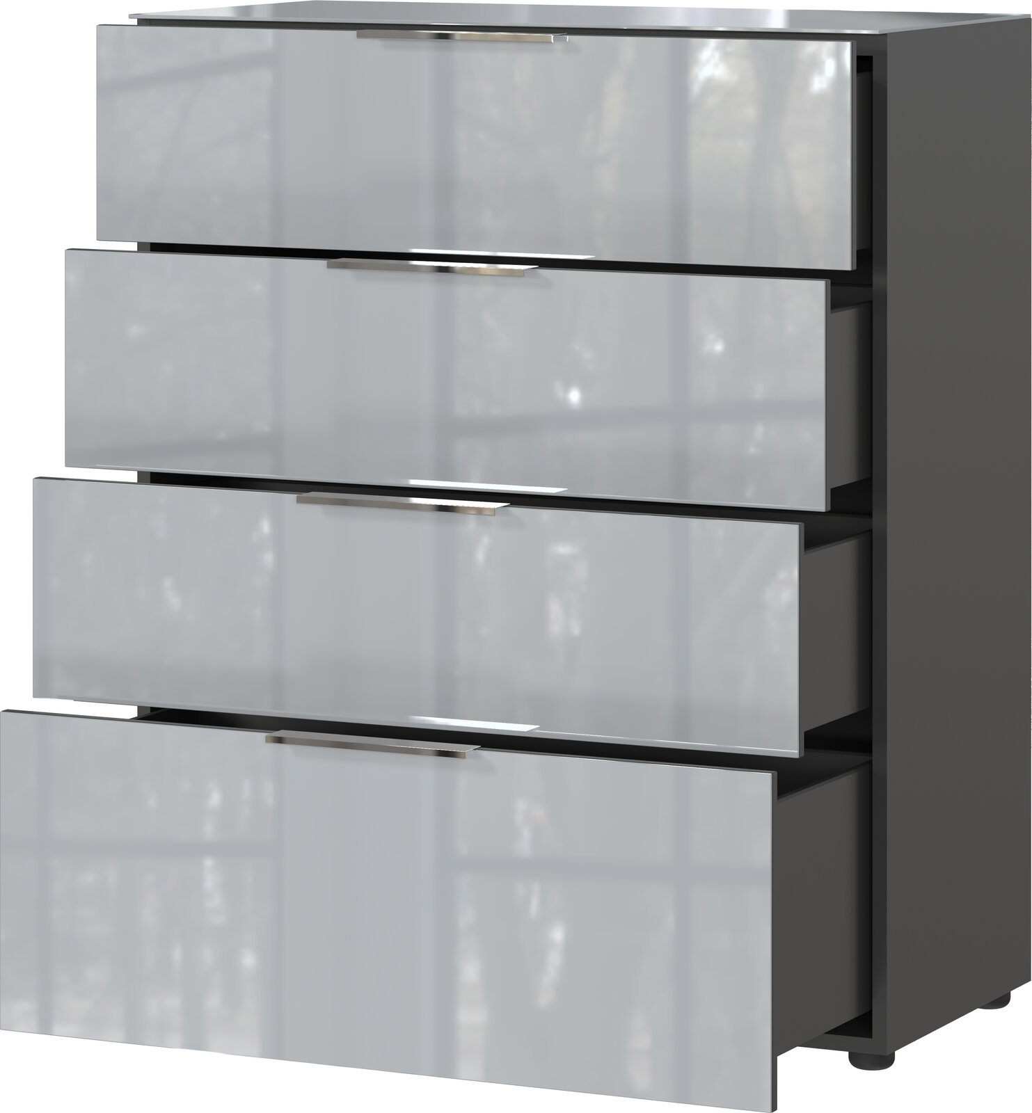 Moderne Schubkastenkommode mit vier geöffneten Schubladen, seitliche Perspektive