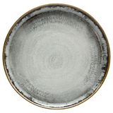 Runde, graue Keramikplatte mit feiner Textur und dunklem Rand, von oben betrachtet.