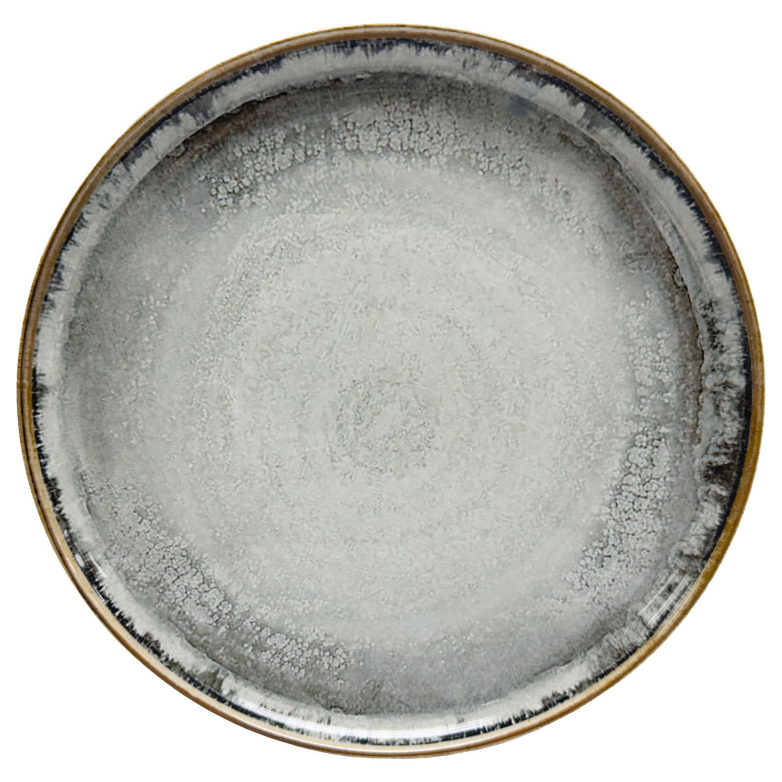Runde, graue Keramikplatte mit feiner Textur und dunklem Rand, von oben betrachtet.