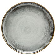 Runde, graue Keramikplatte mit feiner Textur und dunklem Rand, von oben betrachtet.