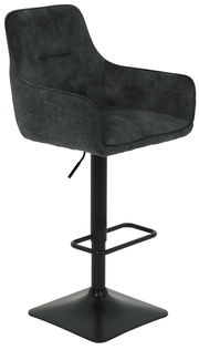 Moderner Barhocker mit schwarzem Stoffbezug und Metallgestell, seitliche Perspektive