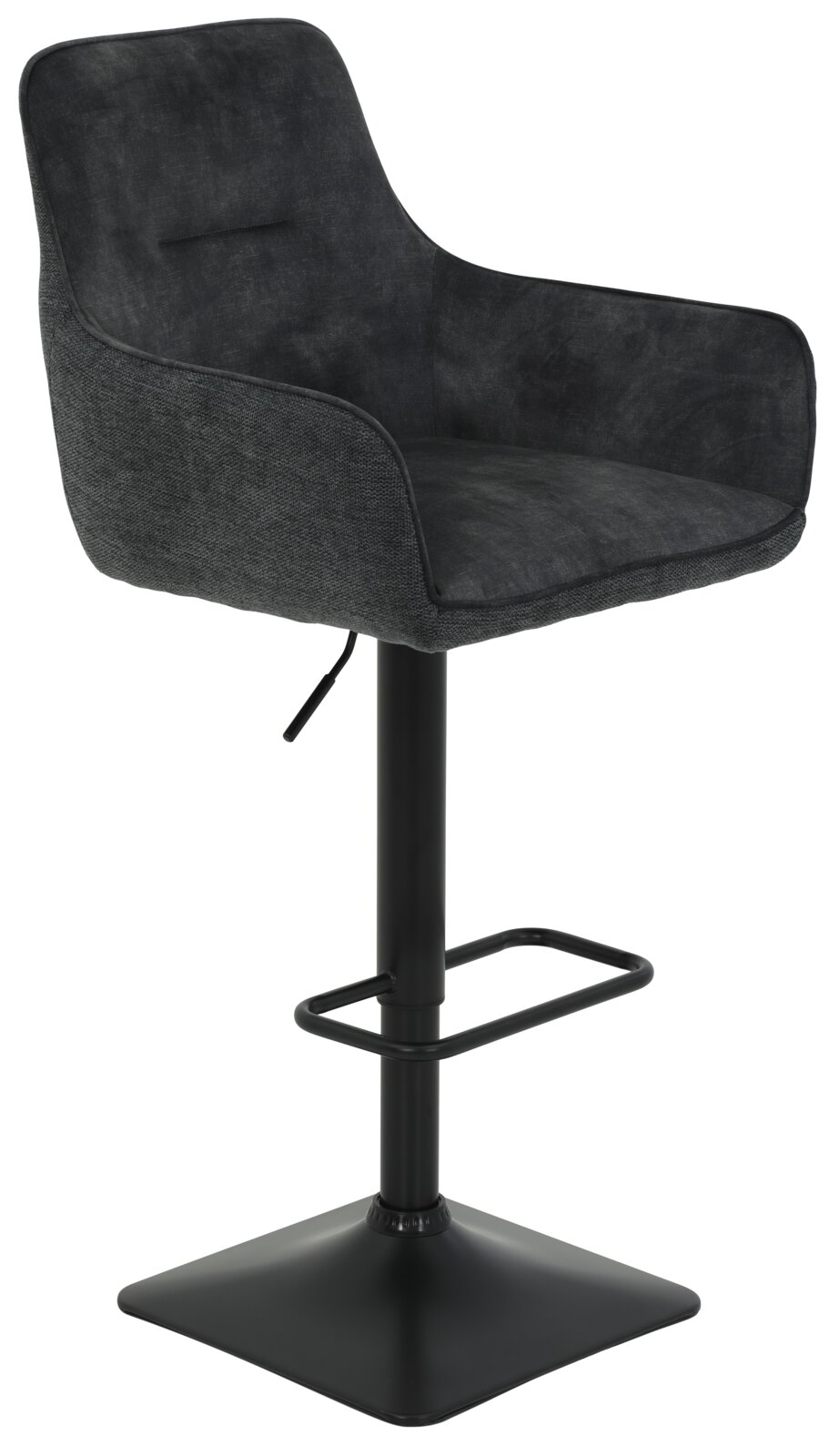 Moderner Barhocker mit schwarzem Stoffbezug und Metallgestell, seitliche Perspektive
