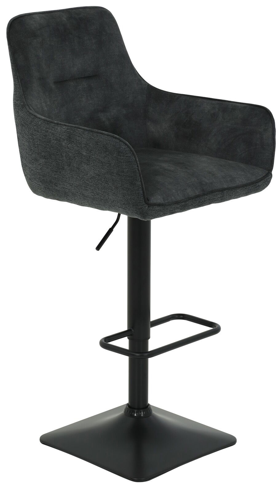 Moderner Barhocker mit schwarzem Stoffbezug und Metallgestell, seitliche Perspektive