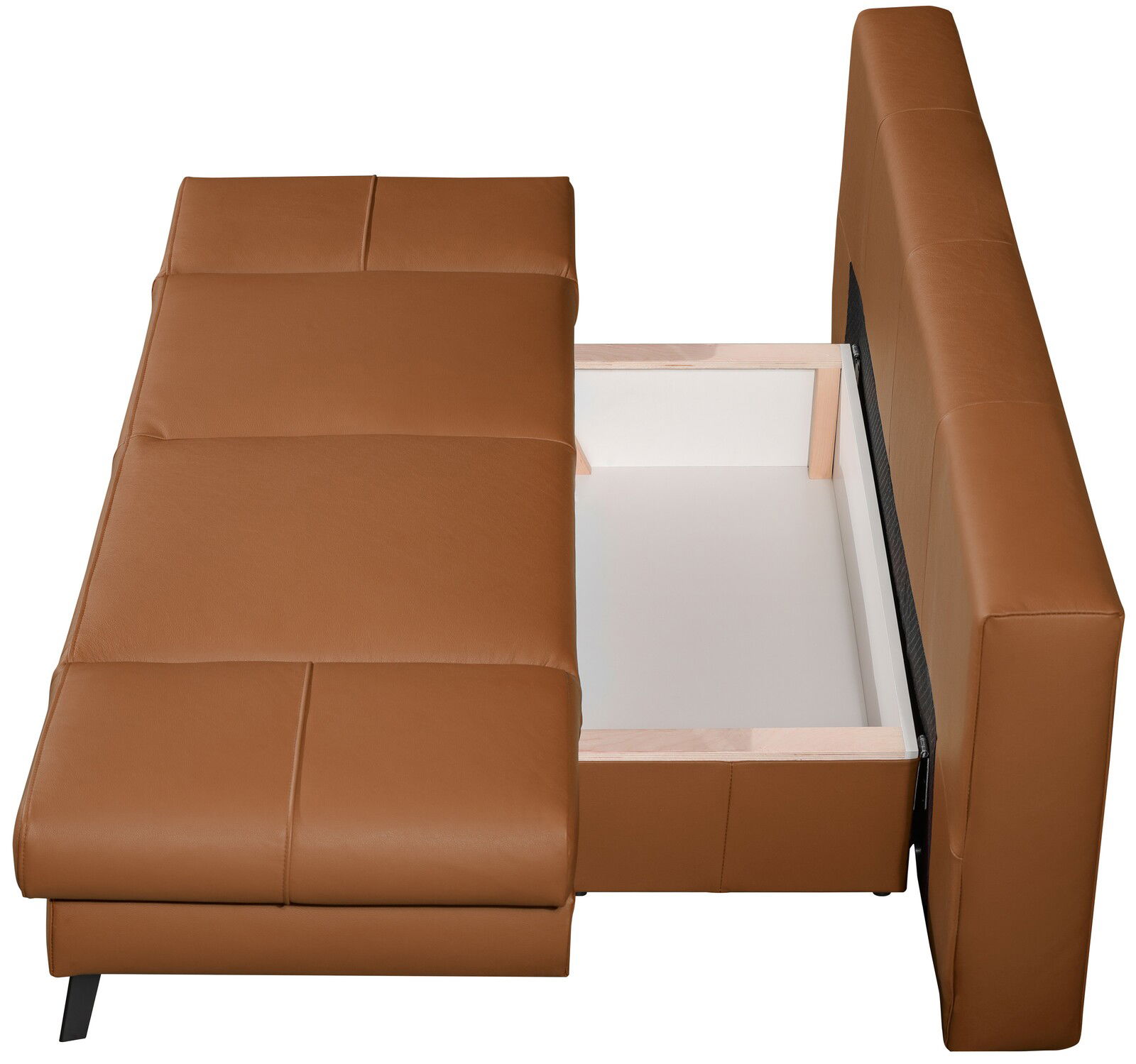 Brauner Querschläfer mit geöffneter Bettkastenansicht von oben