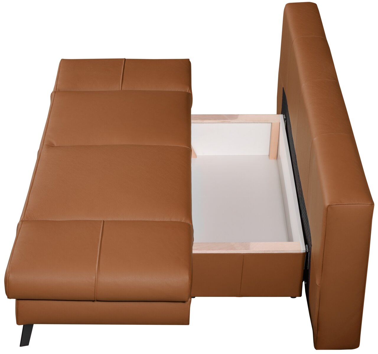 Brauner Querschläfer mit geöffneter Bettkastenansicht von oben