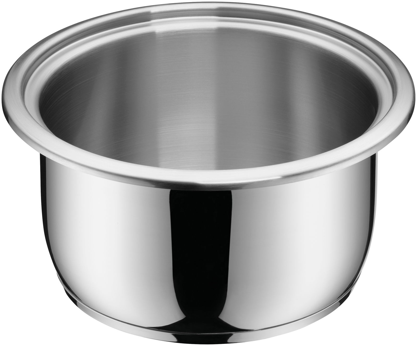 Edelstahlkochtopf aus der Vogelperspektive, glänzend und robust.