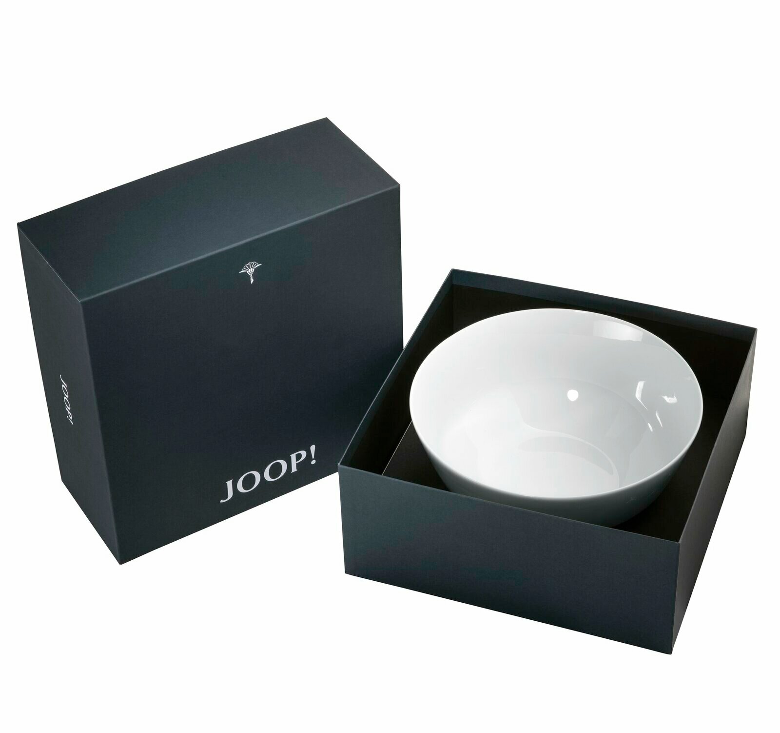 Weiße Schale mit 23 cm Durchmesser in einer eleganten schwarzen Geschenkbox von oben betrachtet.