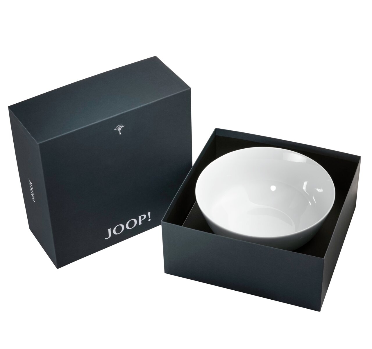 Weiße Schale mit 23 cm Durchmesser in einer eleganten schwarzen Geschenkbox von oben betrachtet.