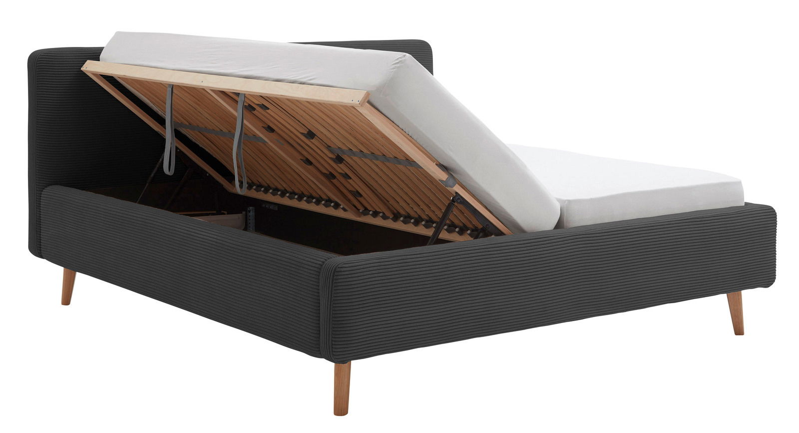 Polsterbettgestell mit hochgeklappter Matratze und Stauraum, seitliche Perspektive