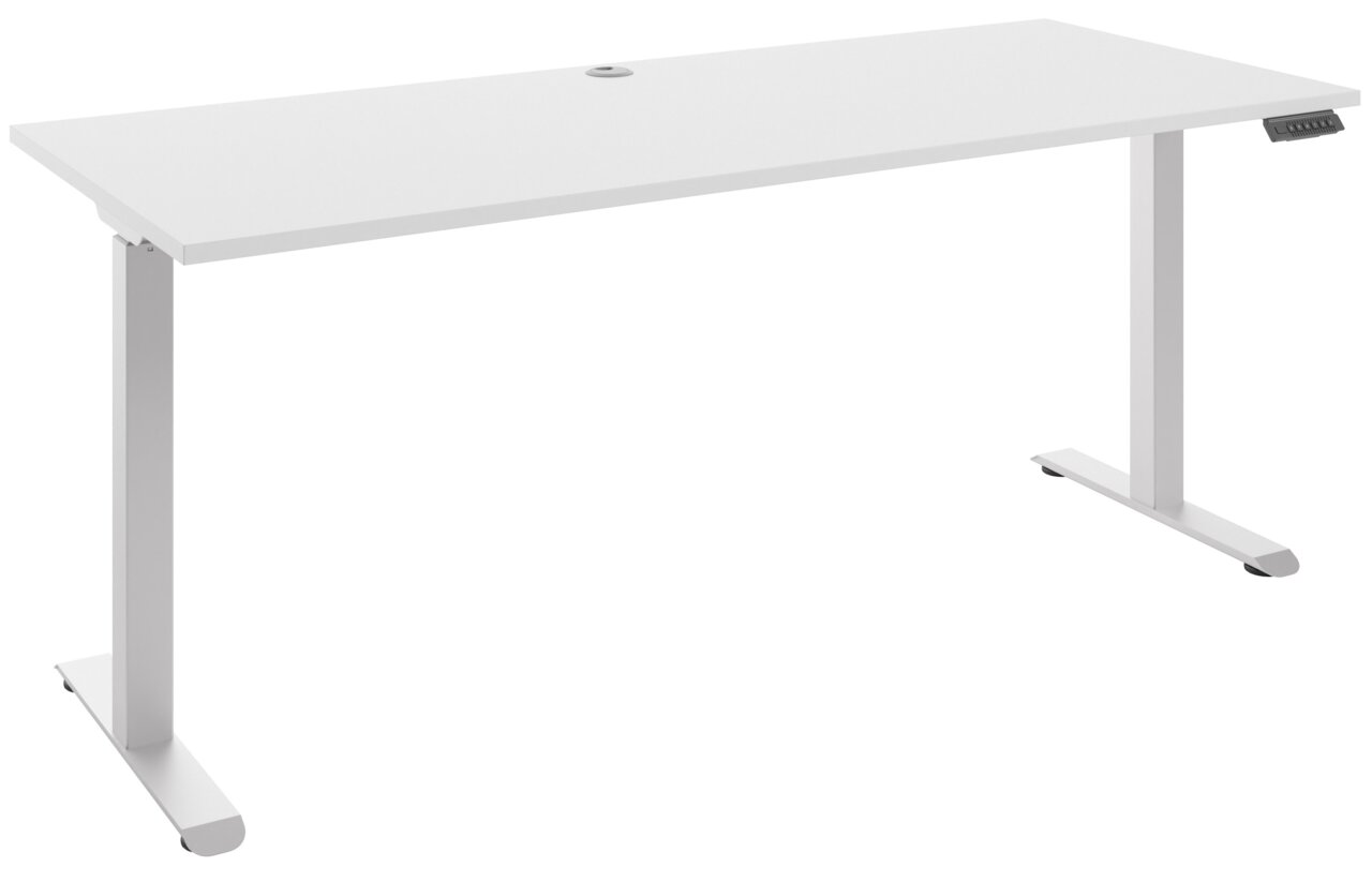 Moderner weißer E-Schreibtisch mit rechteckiger Tischplatte und höhenverstellbaren Beinen, seitliche Perspektive