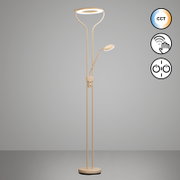 Beige LED-Deckenfluter-Stehlampe mit ringförmigem Leuchtkopf und zusätzlicher Leselampe, frontal in leichter Aufsicht vor grauem Hintergrund; Symbole für CCT-Farbtemperaturwechsel, Touch-Bedienung und Dimmen rechts.