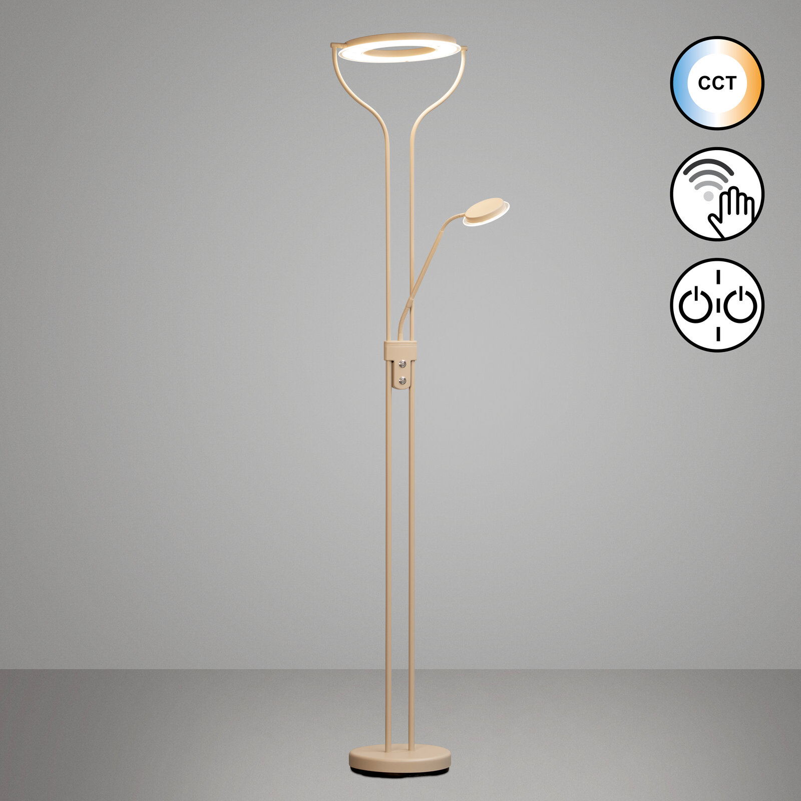 Beige LED-Deckenfluter-Stehlampe mit ringförmigem Leuchtkopf und zusätzlicher Leselampe, frontal in leichter Aufsicht vor grauem Hintergrund; Symbole für CCT-Farbtemperaturwechsel, Touch-Bedienung und Dimmen rechts.