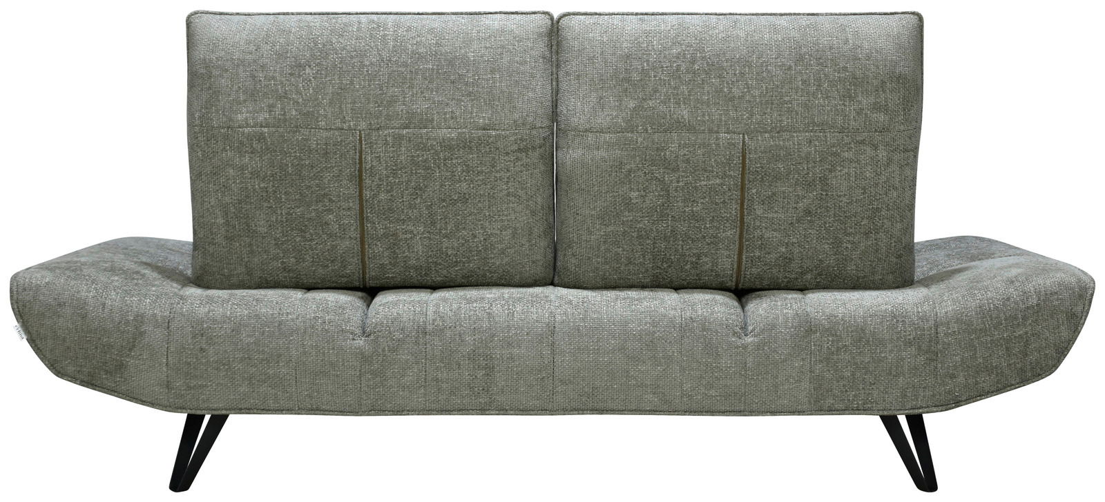 Rückansicht einer grauen Polstergarnitur mit modernen schwarzen Beinen.