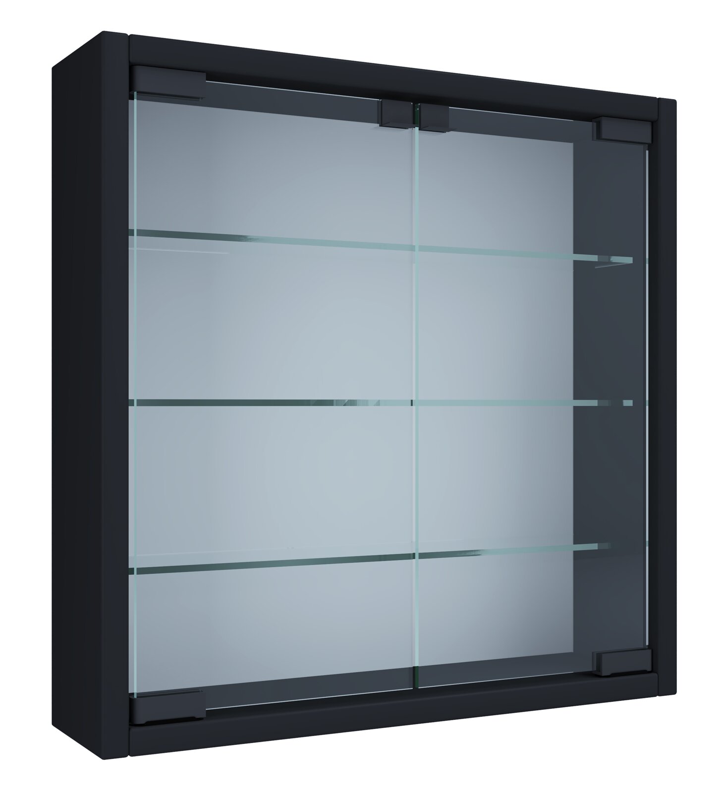 Schwarzer, moderner Vitrinenschrank mit Glasfront und Glasböden, Ansicht schräg von vorne (3/4-Perspektive)