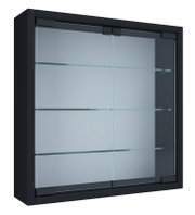 Schwarzer, moderner Vitrinenschrank mit Glasfront und Glasböden, Ansicht schräg von vorne (3/4-Perspektive)