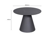 Moderner Beistelltisch mit schwarzer, runder Tischplatte und konischem Fuß, seitliche Perspektive.