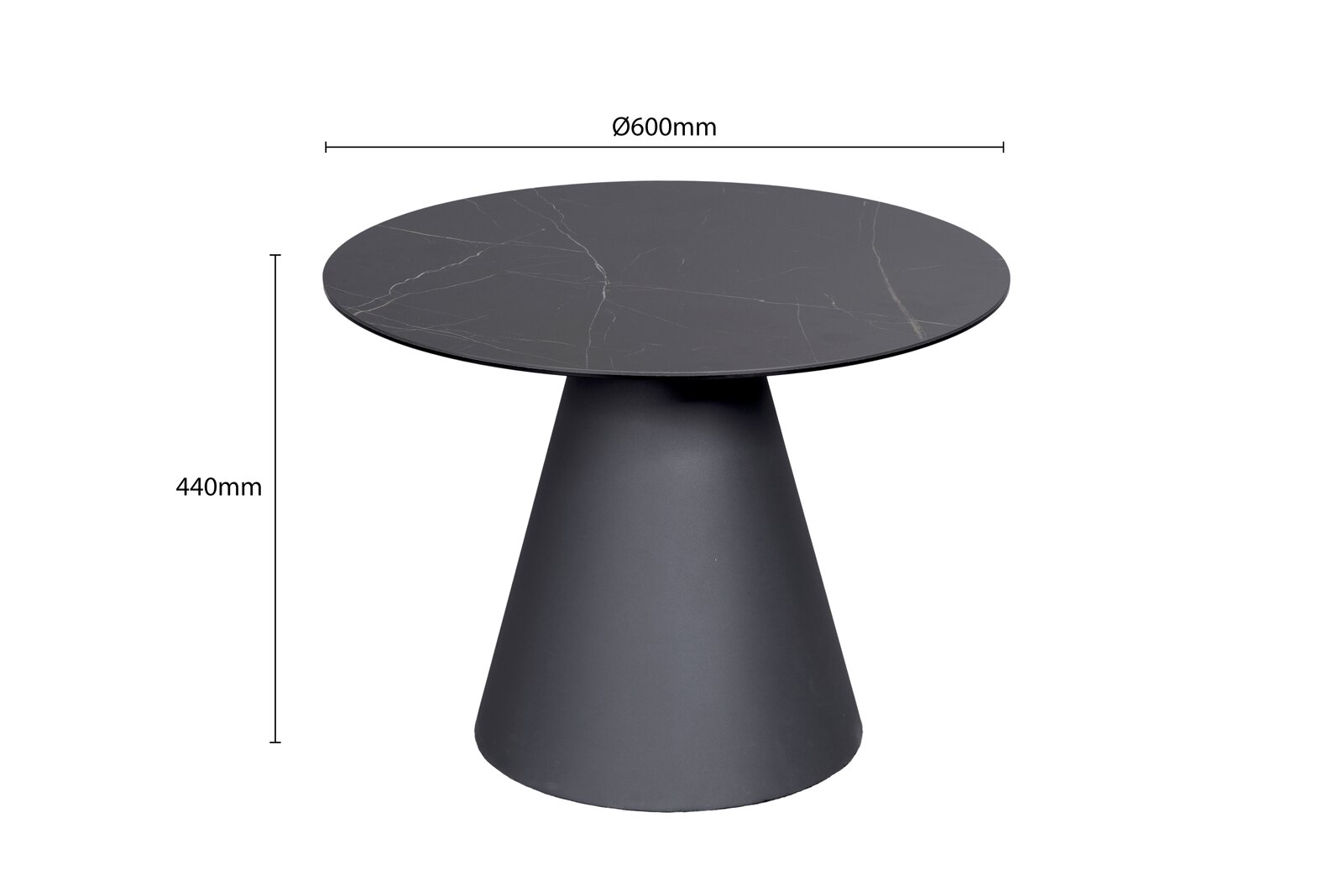 Moderner Beistelltisch mit schwarzer, runder Tischplatte und konischem Fuß, seitliche Perspektive.
