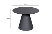 Moderner Beistelltisch mit schwarzer, runder Tischplatte und konischem Fuß, seitliche Perspektive.