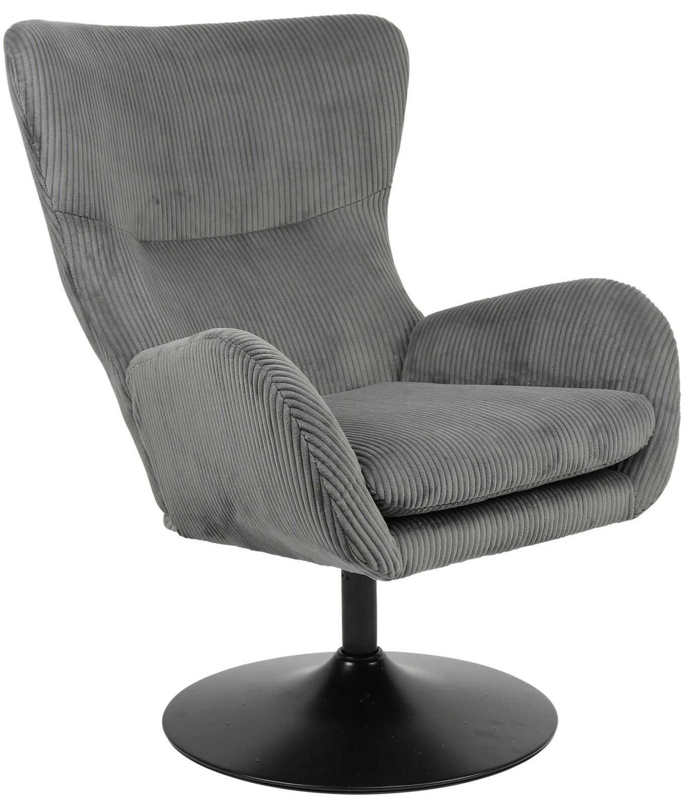 Grauer Sessel mit geripptem Stoffbezug und schwarzem Drehteller, seitliche Perspektive