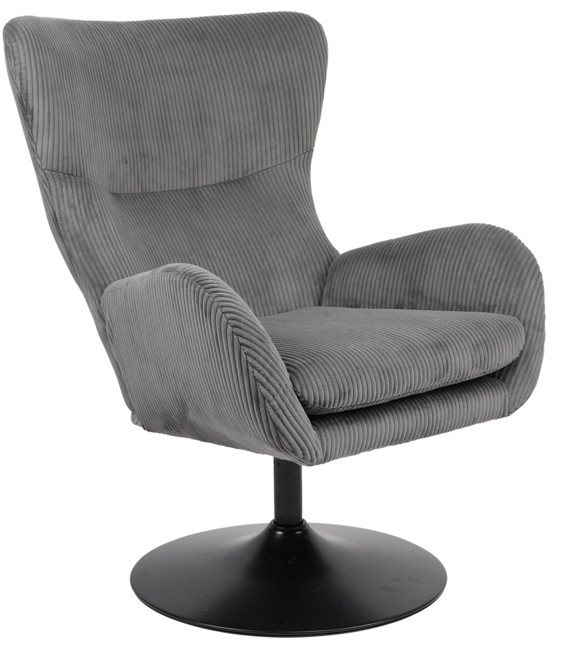 Grauer Sessel mit geripptem Stoffbezug und schwarzem Drehteller, seitliche Perspektive