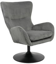 Grauer Sessel mit geripptem Stoffbezug und schwarzem Drehteller, seitliche Perspektive
