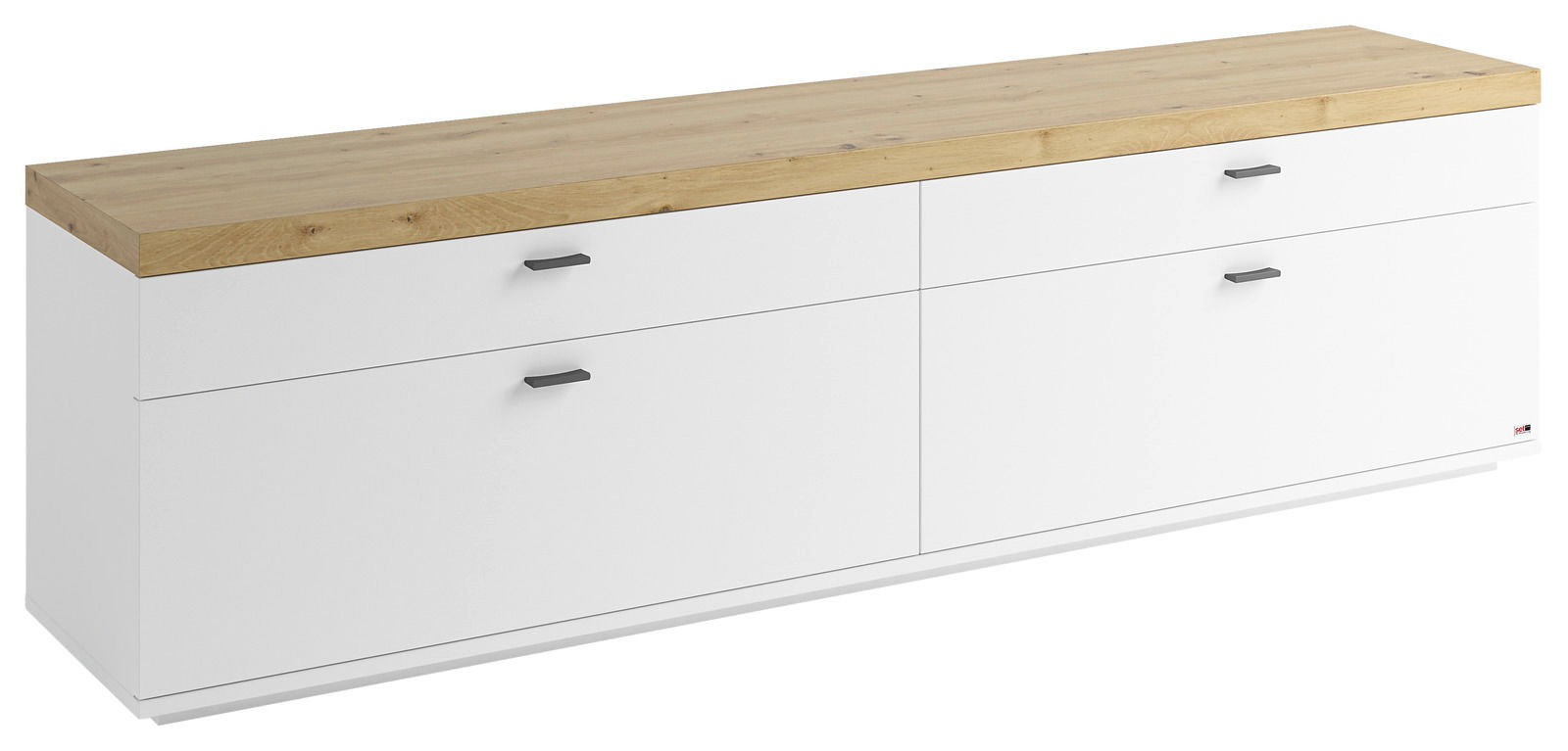 TV-Lowboard mit weißem Korpus und Holzoberfläche, seitliche Perspektive