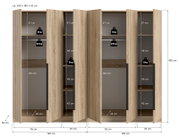 Geöffneter Kleiderschrank in Eiche-Optik mit mehreren Fächern und Maßangaben (ca. 240 x 180 x 52 cm), Frontansicht.