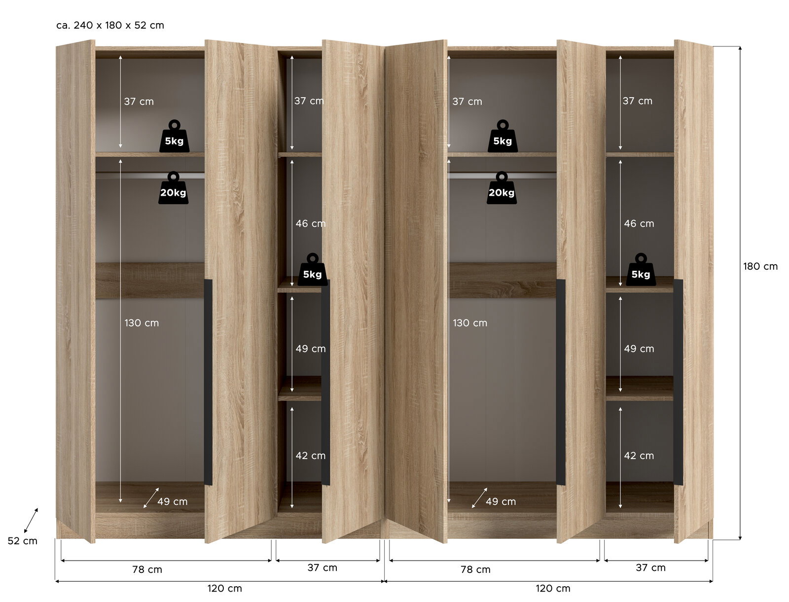 Geöffneter Kleiderschrank in Eiche-Optik mit mehreren Fächern und Maßangaben (ca. 240 x 180 x 52 cm), Frontansicht.