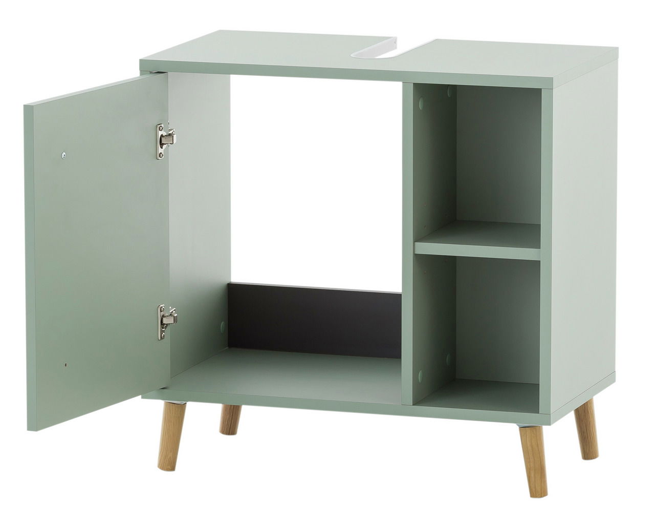 Waschbeckenunterschrank in hellem Grün mit offenen und geschlossenen Fächern, auf Holzbeinen stehend, Perspektive von vorne links