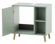 Waschbeckenunterschrank in hellem Grün mit offenen und geschlossenen Fächern, auf Holzbeinen stehend, Perspektive von vorne links