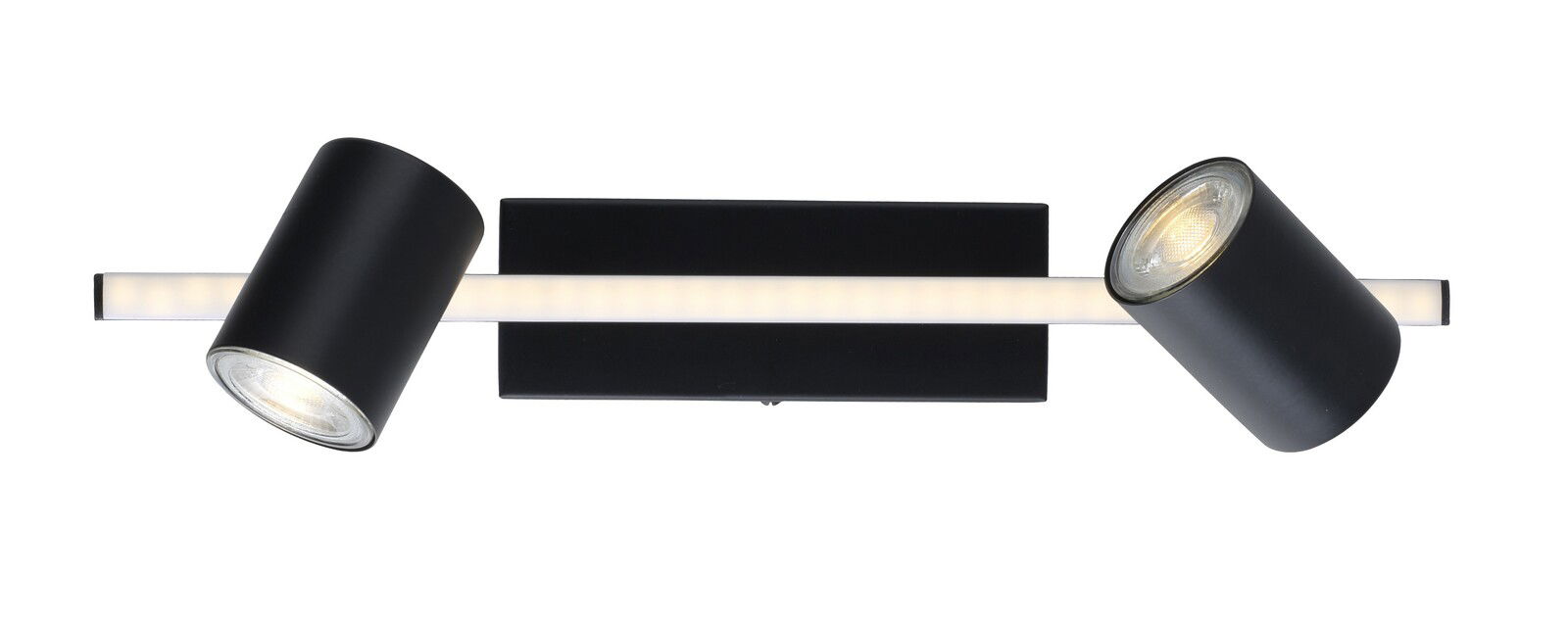 Moderne schwarze Wand- und Deckenleuchte mit zwei verstellbaren Strahlern, seitliche Perspektive