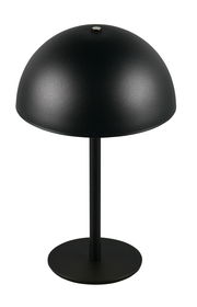 Schwarze Akku-Tischleuchte mit rundem Schirm, seitliche Perspektive