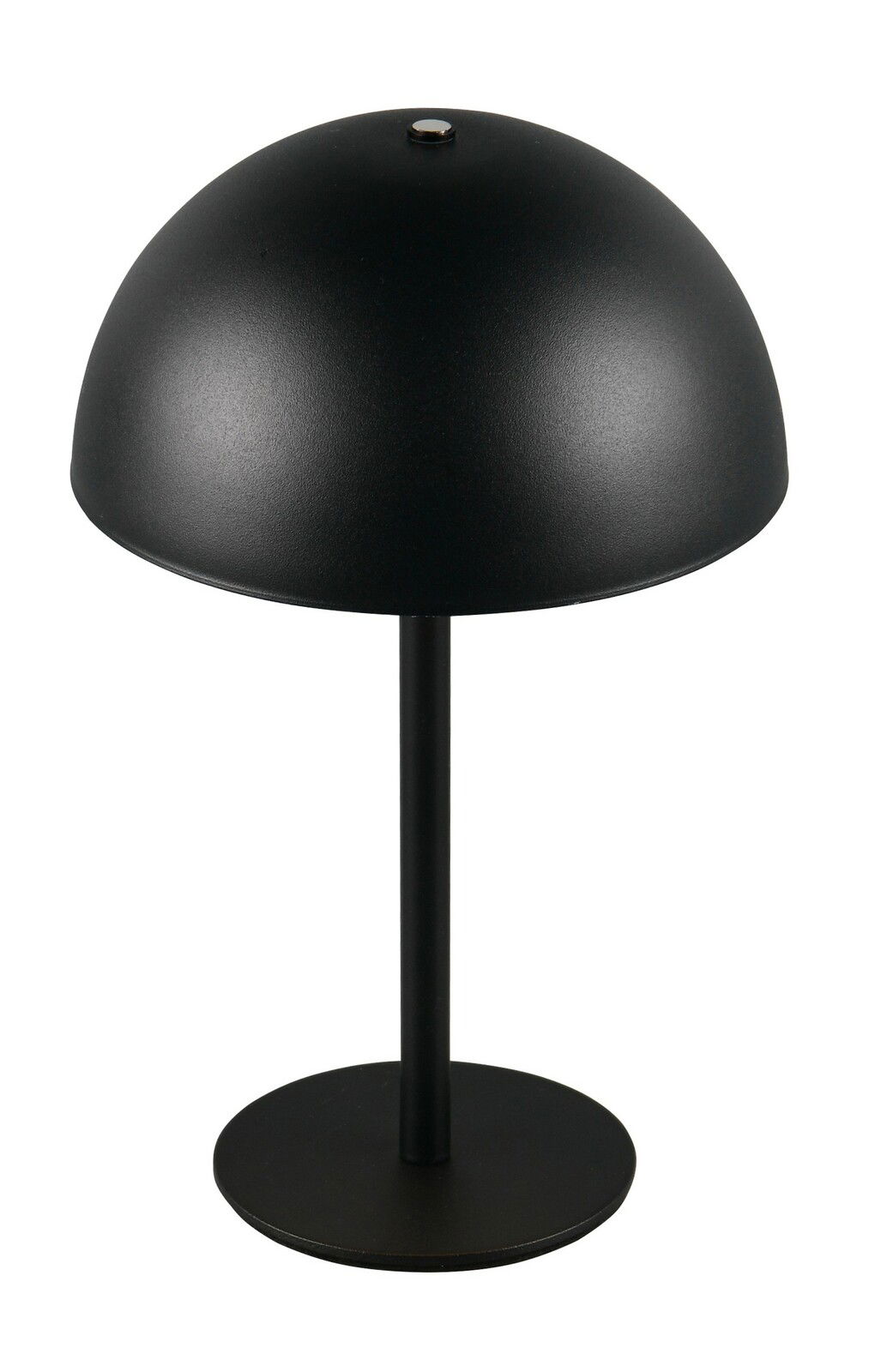 Schwarze Akku-Tischleuchte mit rundem Schirm, seitliche Perspektive
