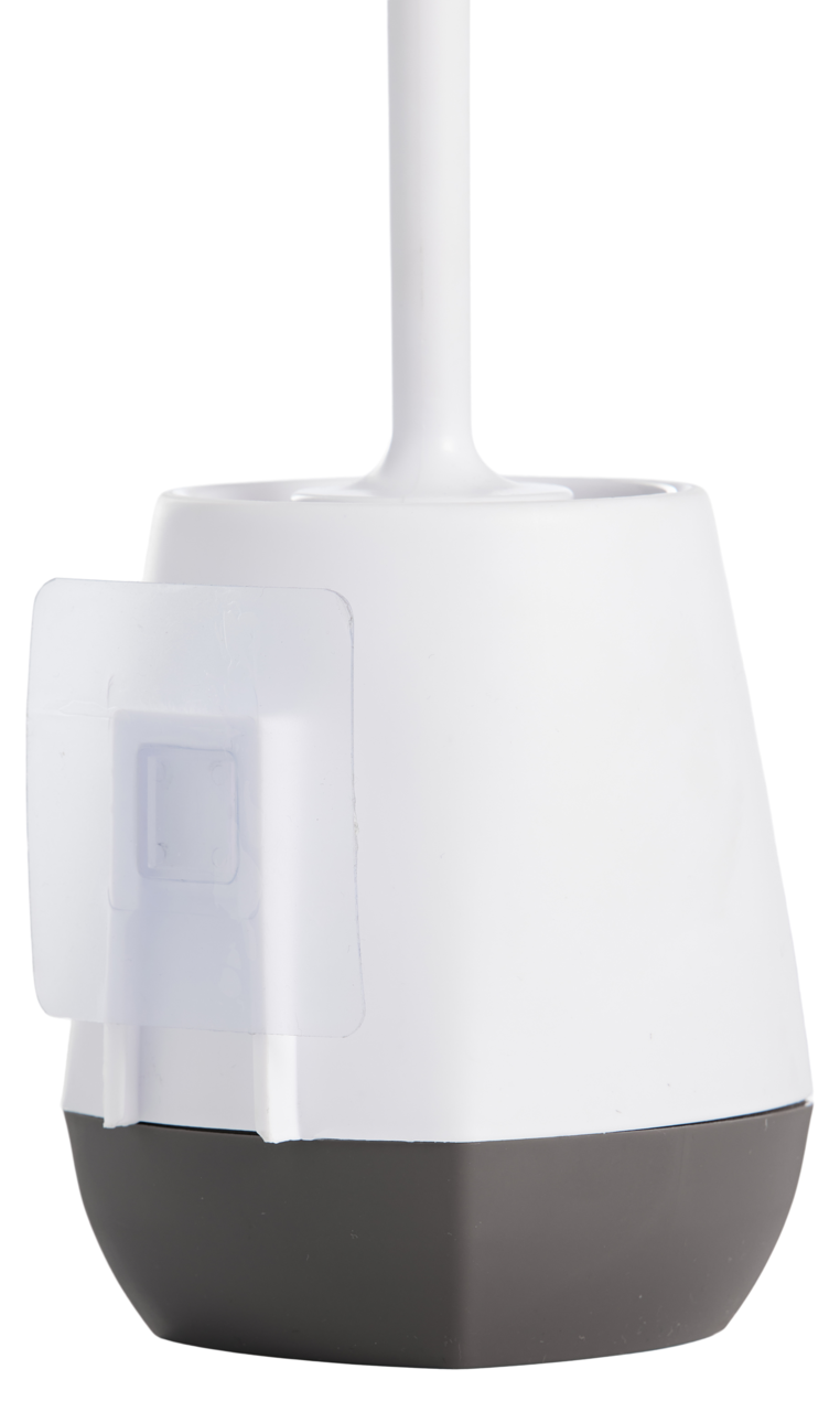 Toilettenbürste mit weißem Griff und zweifarbigem Halter, seitliche Perspektive