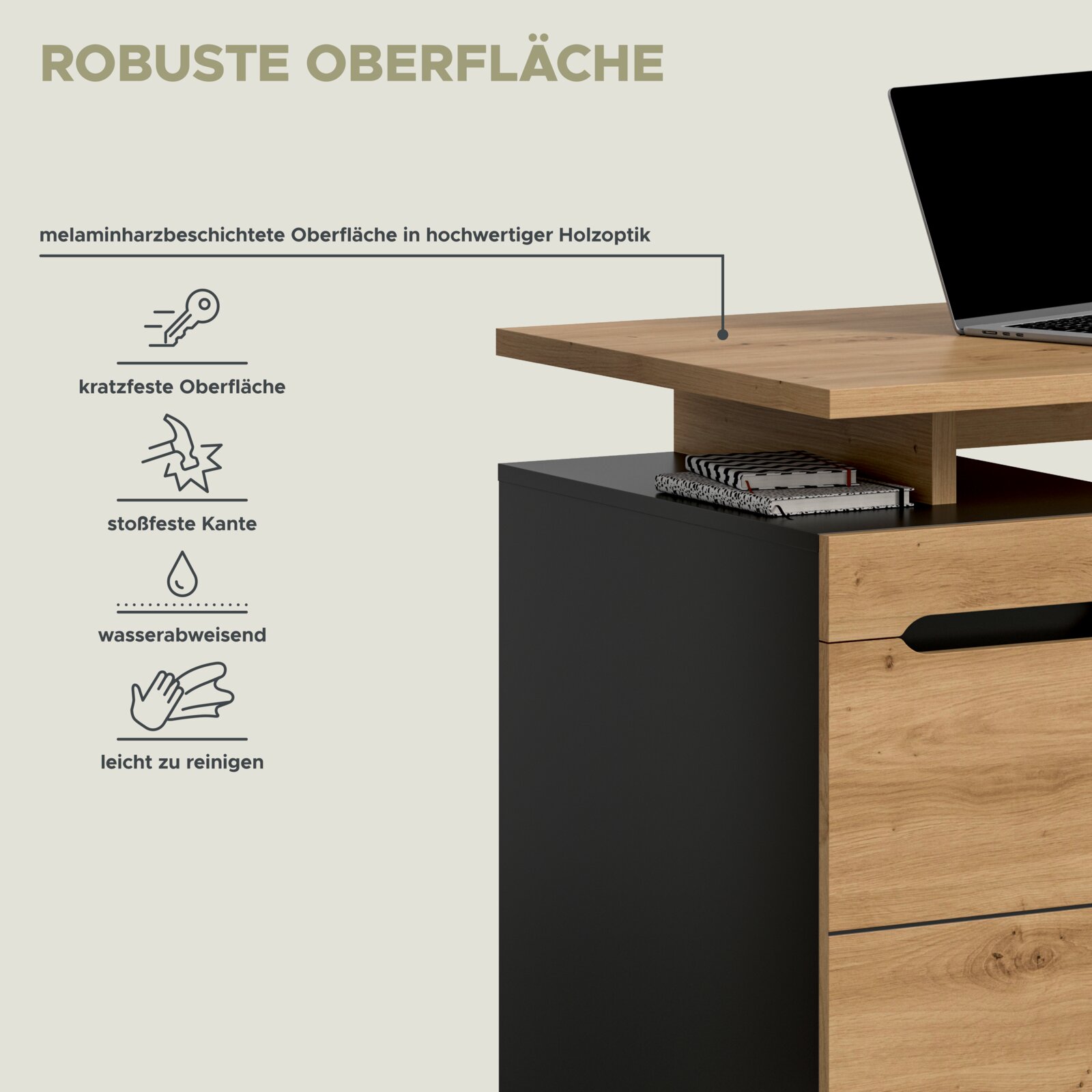 Schreibtisch in Holzoptik mit schwarzem Korpus und melaminharzbeschichteter, robuster Tischplatte; Darstellung aus seitlicher Perspektive mit Blick auf die Tischkante (kratzfest, stoßfest, wasserabweisend, leicht zu reinigen).