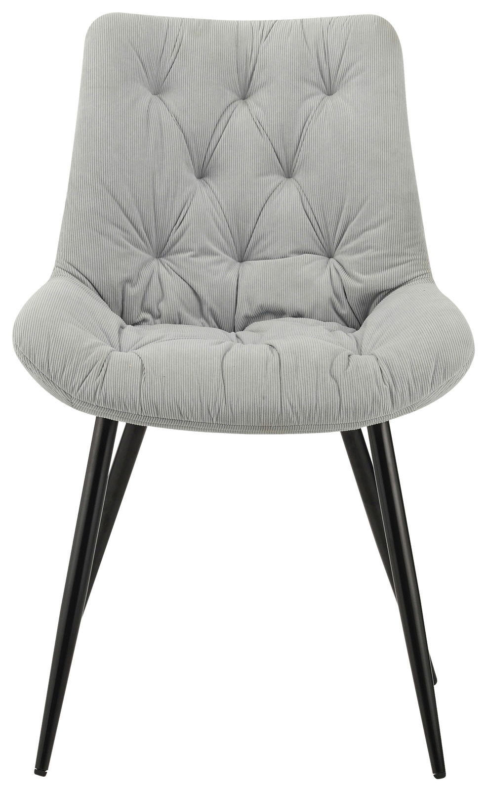 Grauer, gepolsterter Stuhl mit schwarzen Metallbeinen, Vorderansicht