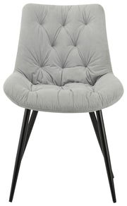Grauer, gepolsterter Stuhl mit schwarzen Metallbeinen, Vorderansicht