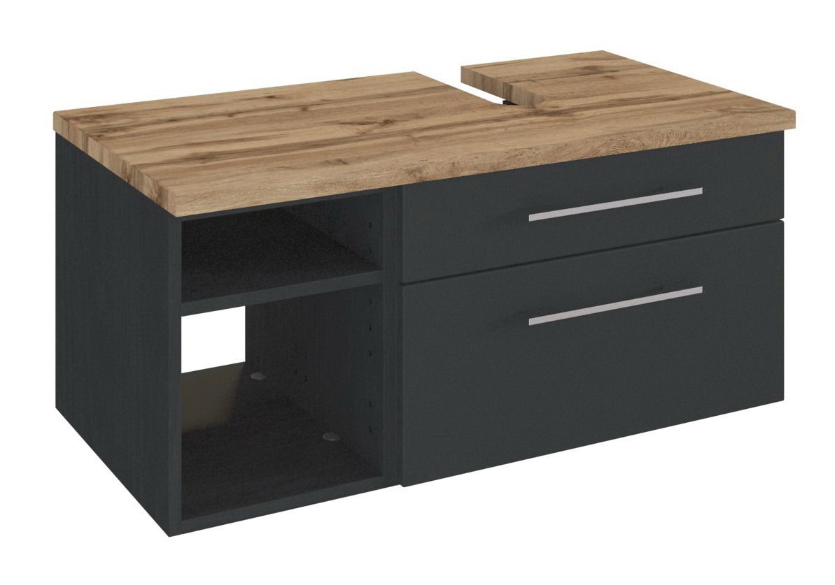 Moderner Waschtischunterschrank mit dunklem Korpus und Holzoberfläche, Perspektive von vorne rechts