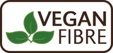 Logo mit drei grünen Blättern und der Aufschrift 'Vegan Fibre', Vorderansicht