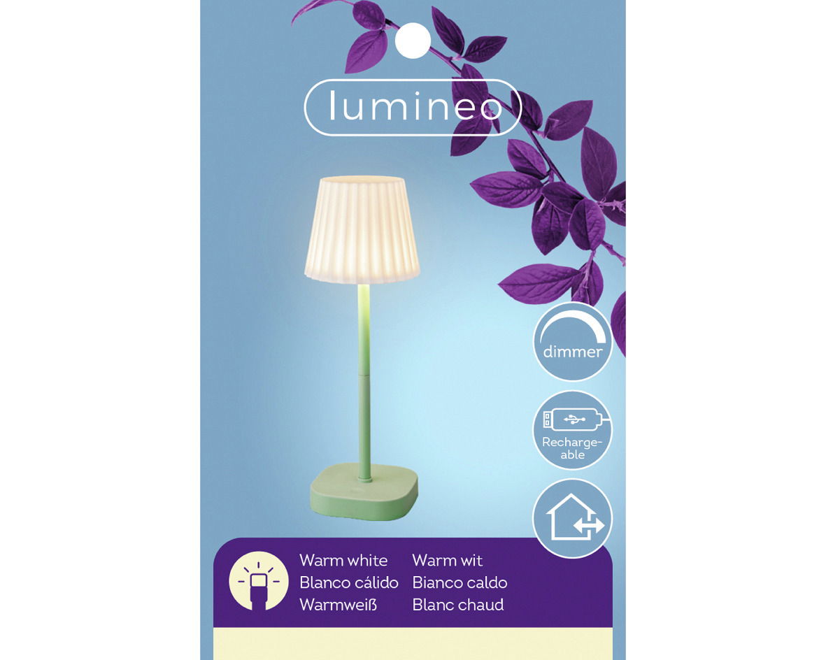 Tischlampe aus Plastik mit warmweißem Licht, dimmbar und wiederaufladbar, seitliche Perspektive.